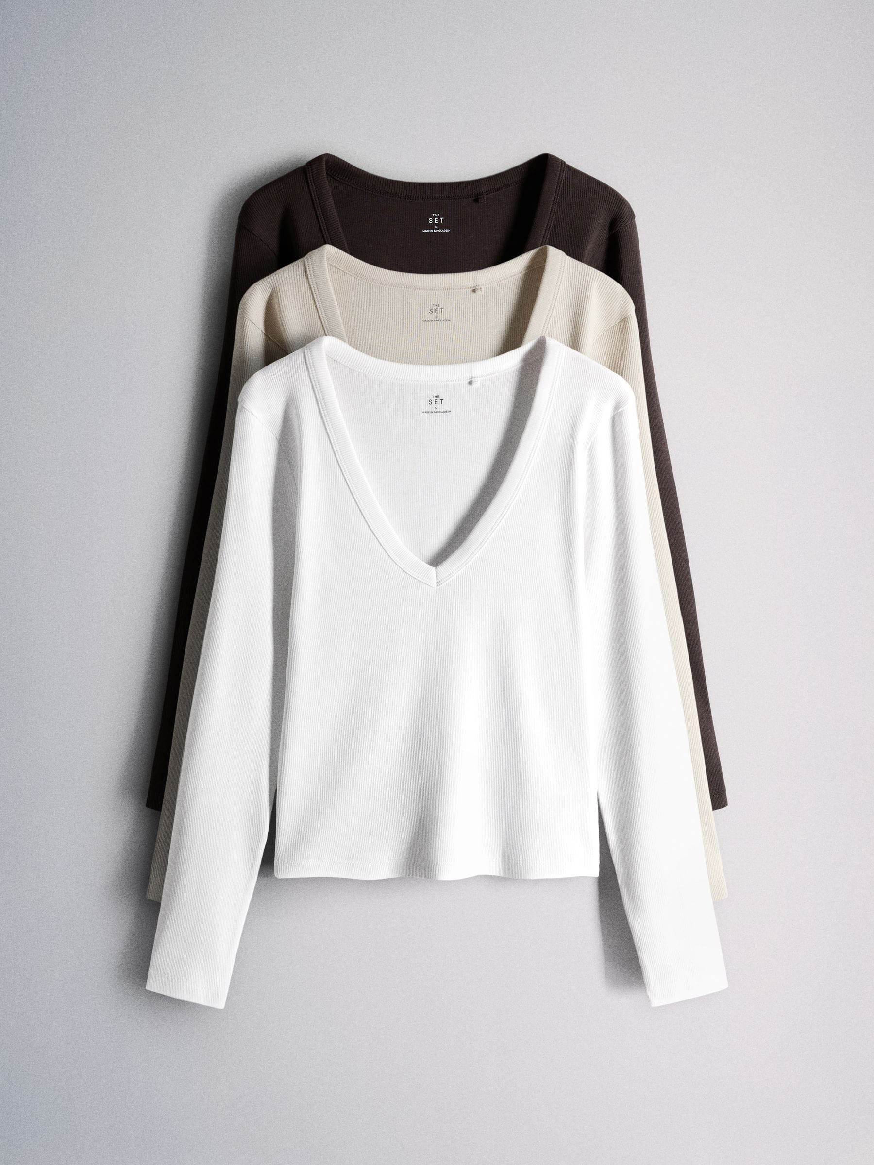 The Set The Set 3 Pack V-Neck Long Sleeve Ribbed T-Shirts Brown/Neutra/White | Next EU