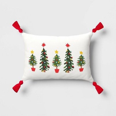 Christmas Tree Print Lumbar Throw Pillow with Tassels Ivory - Wondershop&#8482; | Target