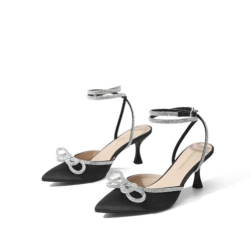 DREAM PAIRS Kitten Heels Rhinestone Bow Ankle Strap Stiletto Pointed Closed Toe Heels for Women Pumps Wedding Bridal Party Dress Shoes,Size 9.5,Black,DWUMPU2541 | Amazon (US)