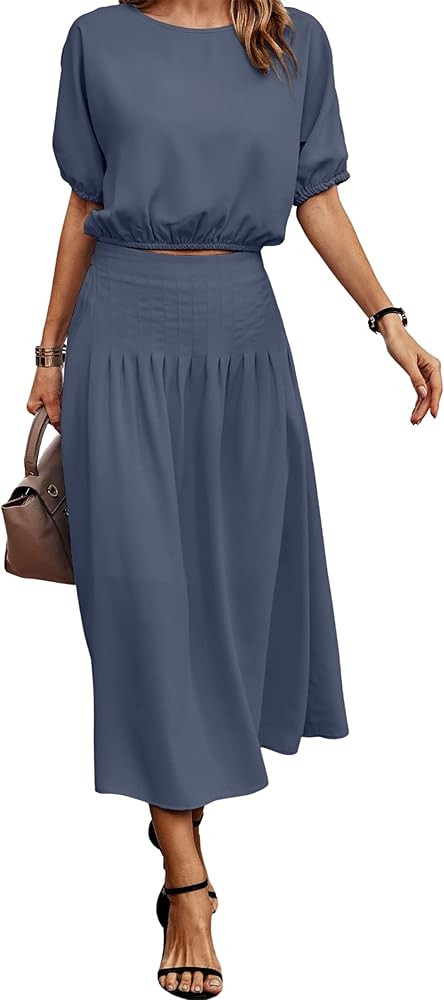 ECOWISH Women's Dresses 2023 Two Piece Outfits for Women Summer 2 Piece Dress Pleated Midi Skirt ... | Amazon (US)