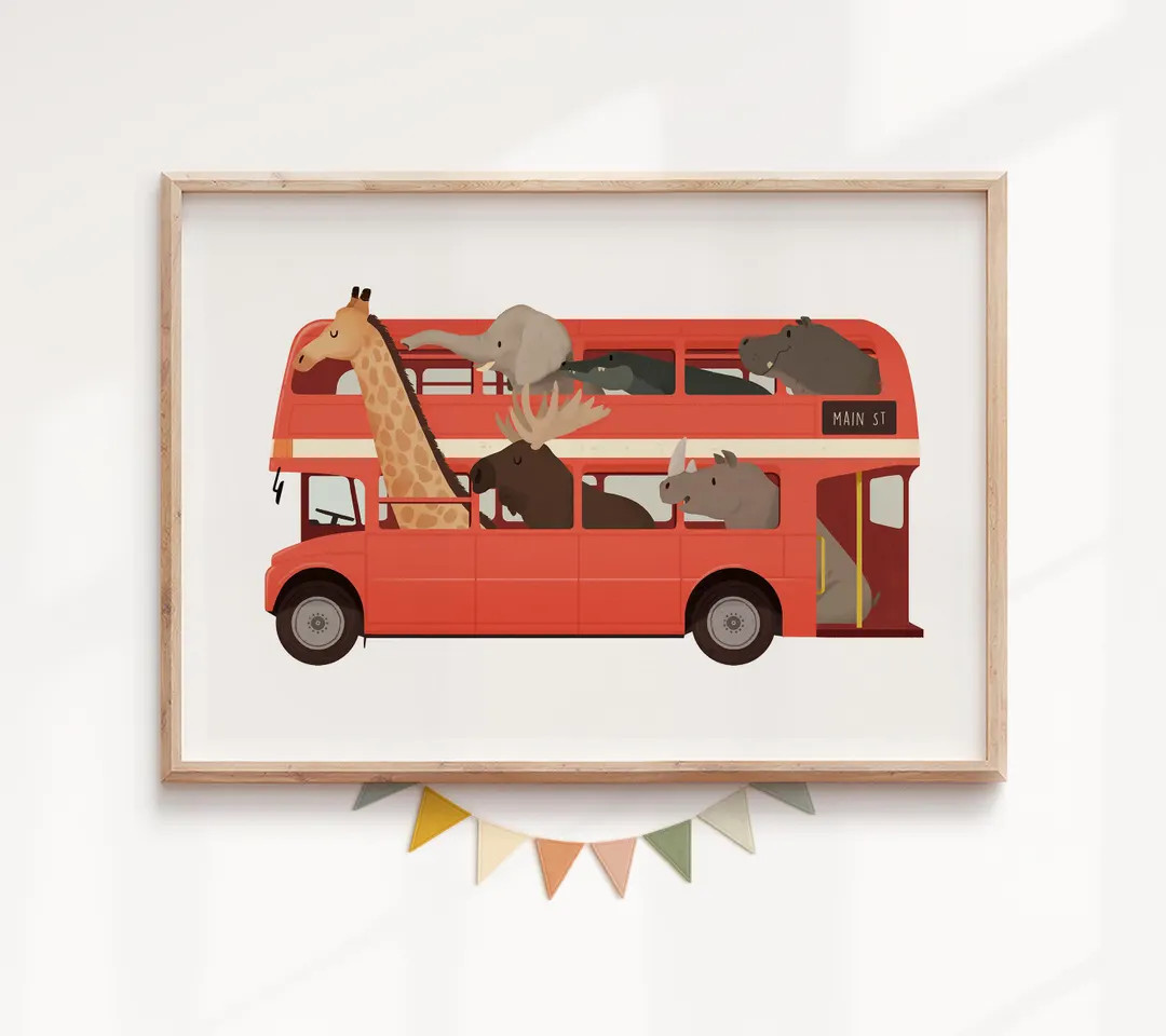 London Bus Nursery Print: Whimsical Animals, Kids Room Decor | Etsy (US)