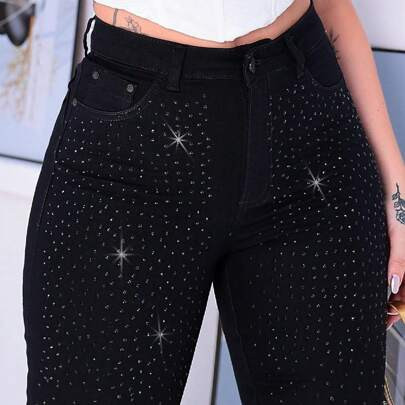 KOENIG Calça Preta Brilho Strass Skinny Feminina Cintura Alta | SHEIN