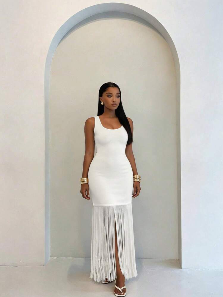 BamGlimmer Women's Solid Color Elegant Dress With Fringe Design, Suitable For Summer | SHEIN