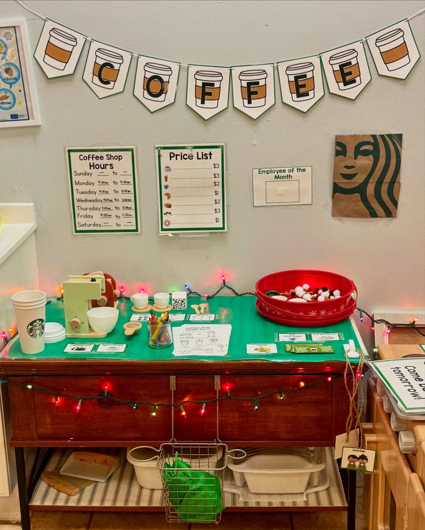 We are serving up creativity with a splash of adorable in our preschool Starbucks all winter long 💚

Thanks to our friends at Starbucks for the real cups and bags, our little baristas are feeling extra official! We even got the green child-sized costume with an apron and hat to match their uniforms.

Though dramatic play of this nature isn’t Montessori-aligned, it does offer a wealth of benefits for preschoolers: 

☕️Creativity & Imagination: Children step into roles and scenarios, using their imagination to solve problems, create stories, and explore possibilities.
☕️Builds Social Skills: Collaborative play teaches teamwork, communication, and conflict resolution as children take turns and interact with peers.
☕️Encourages Language Development: Pretend play introduces new vocabulary and phrases, helping children practice expressive and receptive language skills.
☕️Develops Life Skills: Acting out real-world roles, like a barista, helps children build practical skills, such as following sequences, organizing, and customer service.
☕️Strengthens Cognitive Skills: Pretend scenarios require planning, problem-solving, and decision-making, which boost critical thinking.

With thoughtful setups, like our Starbucks dramatic play area, children engage in meaningful, joyful learning experiences that support their holistic development.

#preschoolactivities #learningthroughplaying #playbasedlearning #preschoolteacher #toddlermom #earlychildhoodeducation

#LTKHoliday #LTKKids #LTKSeasonal