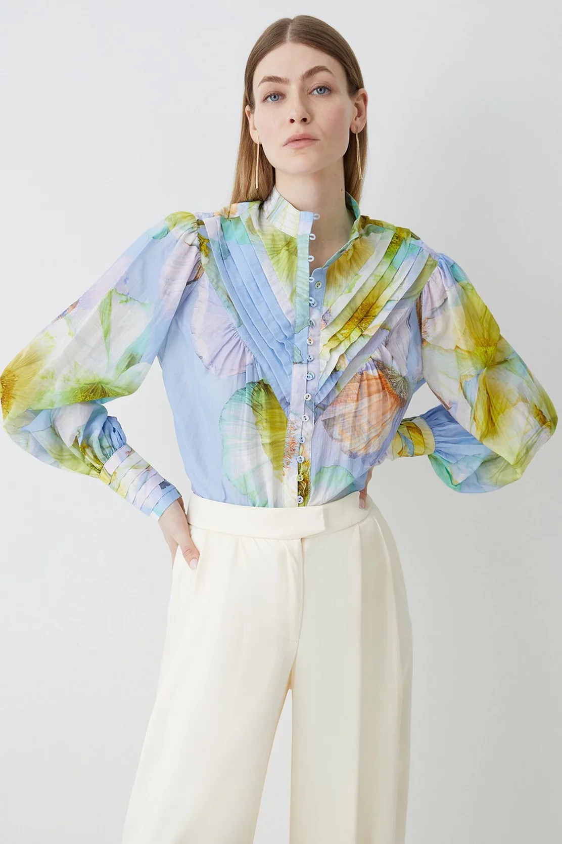 Photographic Floral Balloon Sleeve Silk Cotton Blouse | Karen Millen US