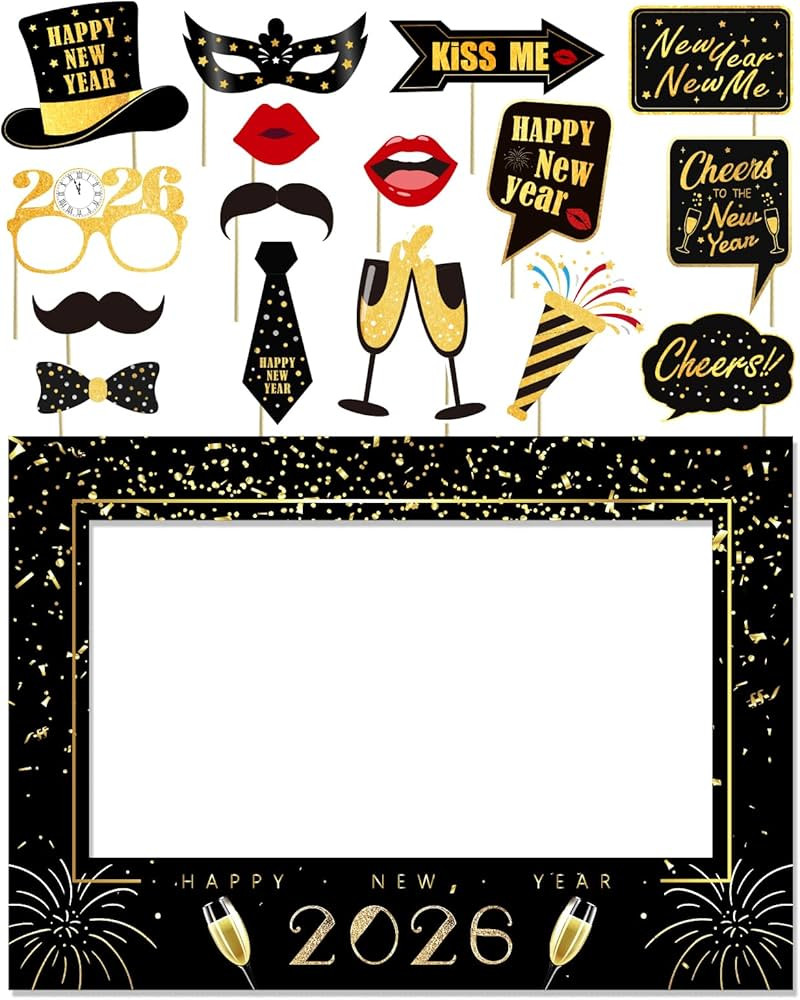 New Years Eve Party Supplies 2026, NYE Decorations Photo Booth Props Kit with Glitter Frame, Blac... | Amazon (US)