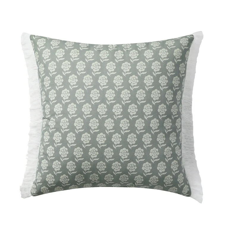 My Texas House 22" x 22" Ivory/Green Meera Floral Fringe Cotton Decorative Pillow | Walmart (US)