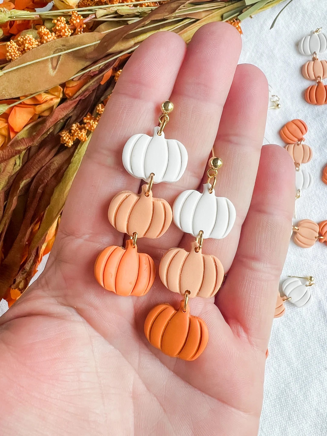3 Tiered Orange Ombre Pumpkin Polymer Clay Dangles | Fall Pumpkin Earrings | Etsy (US)