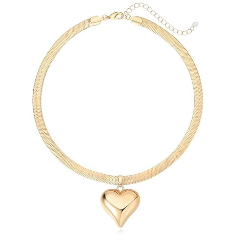 Nacynacy Chunky Heart Pendant Necklace Puffy Love Heart Necklace Herringbone Chains Choker Necklace Gold Plated 14K Gold Trendy Necklace for Women | Amazon (US)