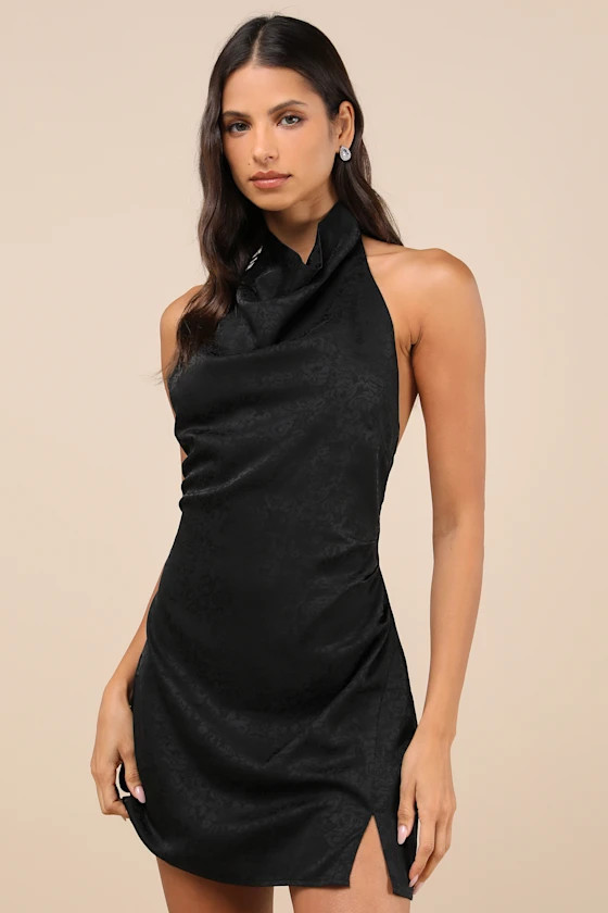 Simply a Stunner Black Jacquard Cowl Backless Mini Dress | Lulus