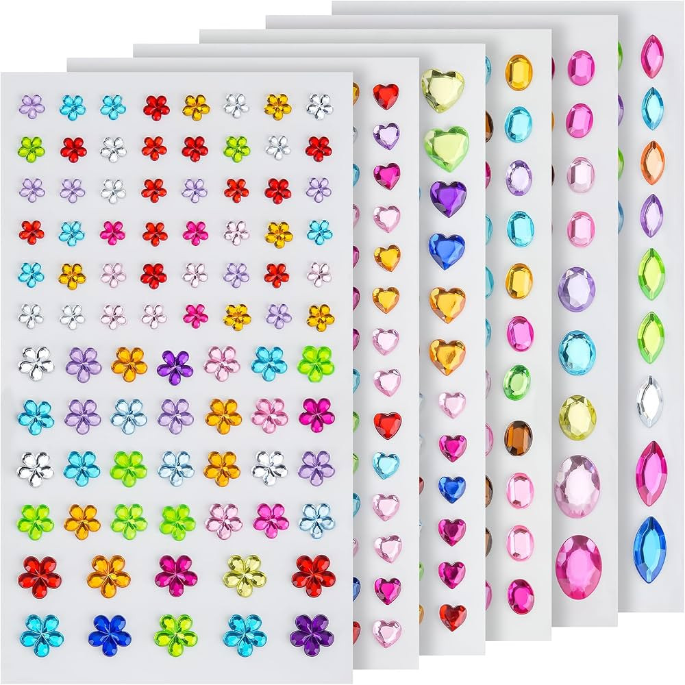 Gem Stickers for Crafts, 6 Sheets Self Adhesive Rhinestone Jewel Stickers, Various Shapes and Siz... | Amazon (US)