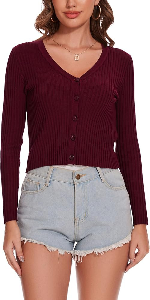 Women's Cropped Cardigan V Neck Long Sleeve Button Down Ribbed Knit Shrug Sweaters | Amazon (US)