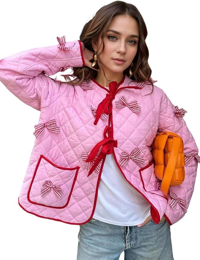 Women’s Bow Tie Front Floral Puffer Jacket Cropped Quilted Lightweigh Long Sleeve Warm Puffy Ja... | Amazon (US)