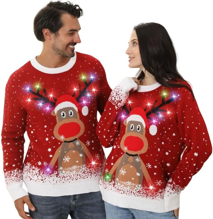 Ugly Christmas Sweaters for Women 2023 Men,Light Up Christmas Sweater,Funny Reindeer Unisex Red X... | Amazon (US)