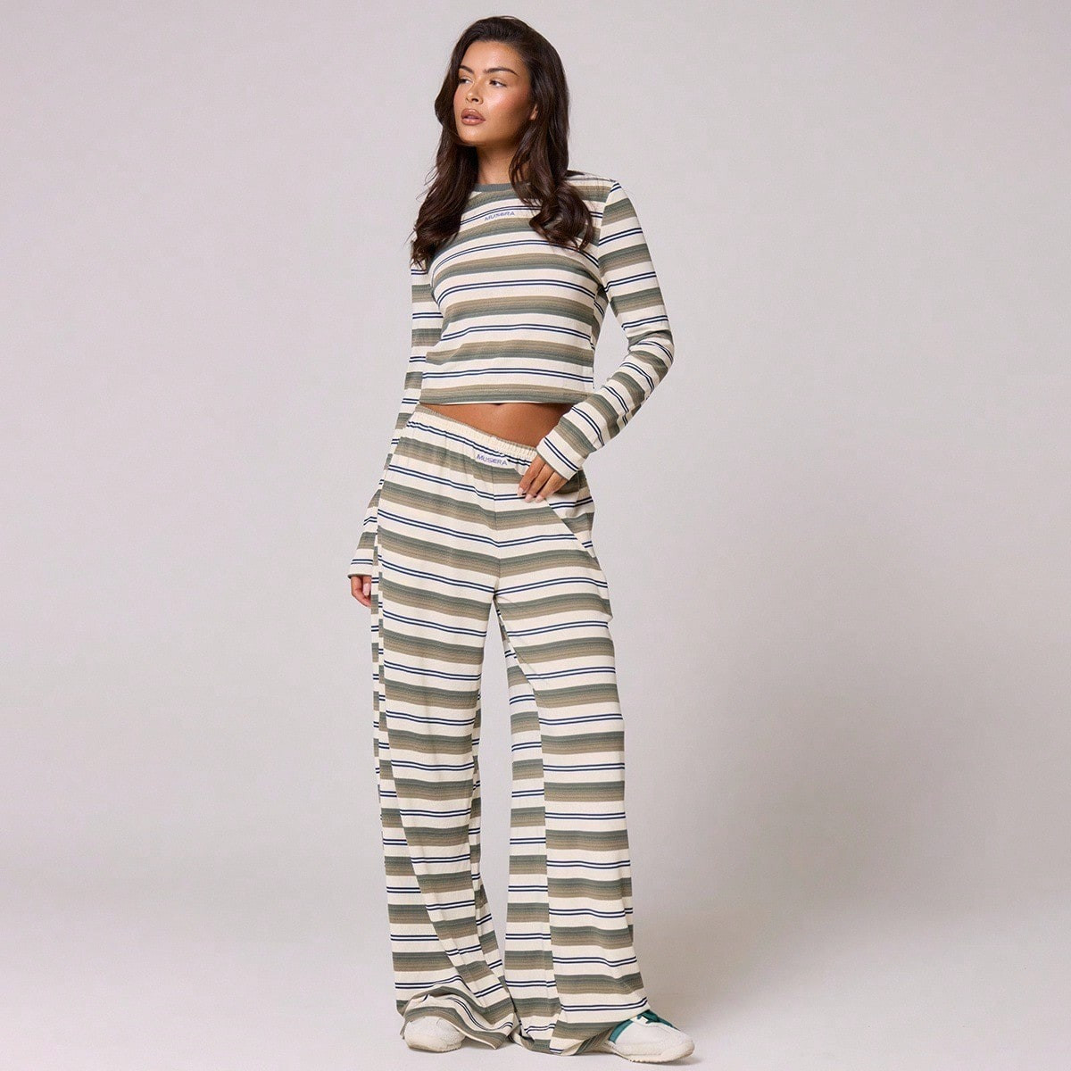MUSERA Embroidered Elasticated Waist Soft Stripe Wide Leg Trousers Comfy Cute Summer Vacation Holiday Airport Elegant Casual Bottom Only Collective Office Attire For Women Office Wear Women Fall | SHEIN