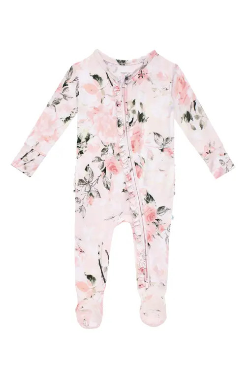Posh Peanut Vintage Pink Rose Ruffle Fitted Footie Pajamas in Light/pastel Pink at Nordstrom, Size 6-9M | Nordstrom
