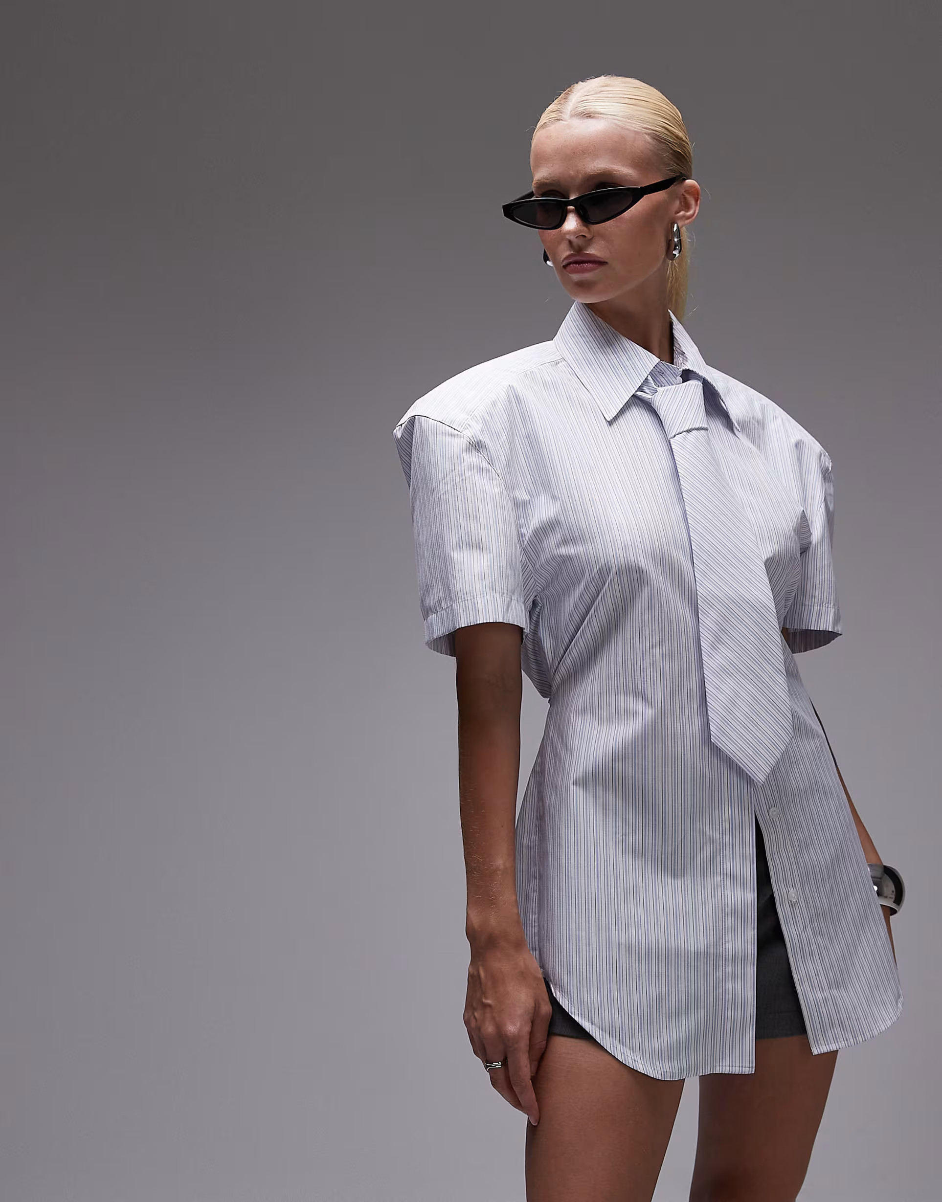 ASOS DESIGN shoulder pad short sleeve shirt with tie in stripe | ASOS (Global)