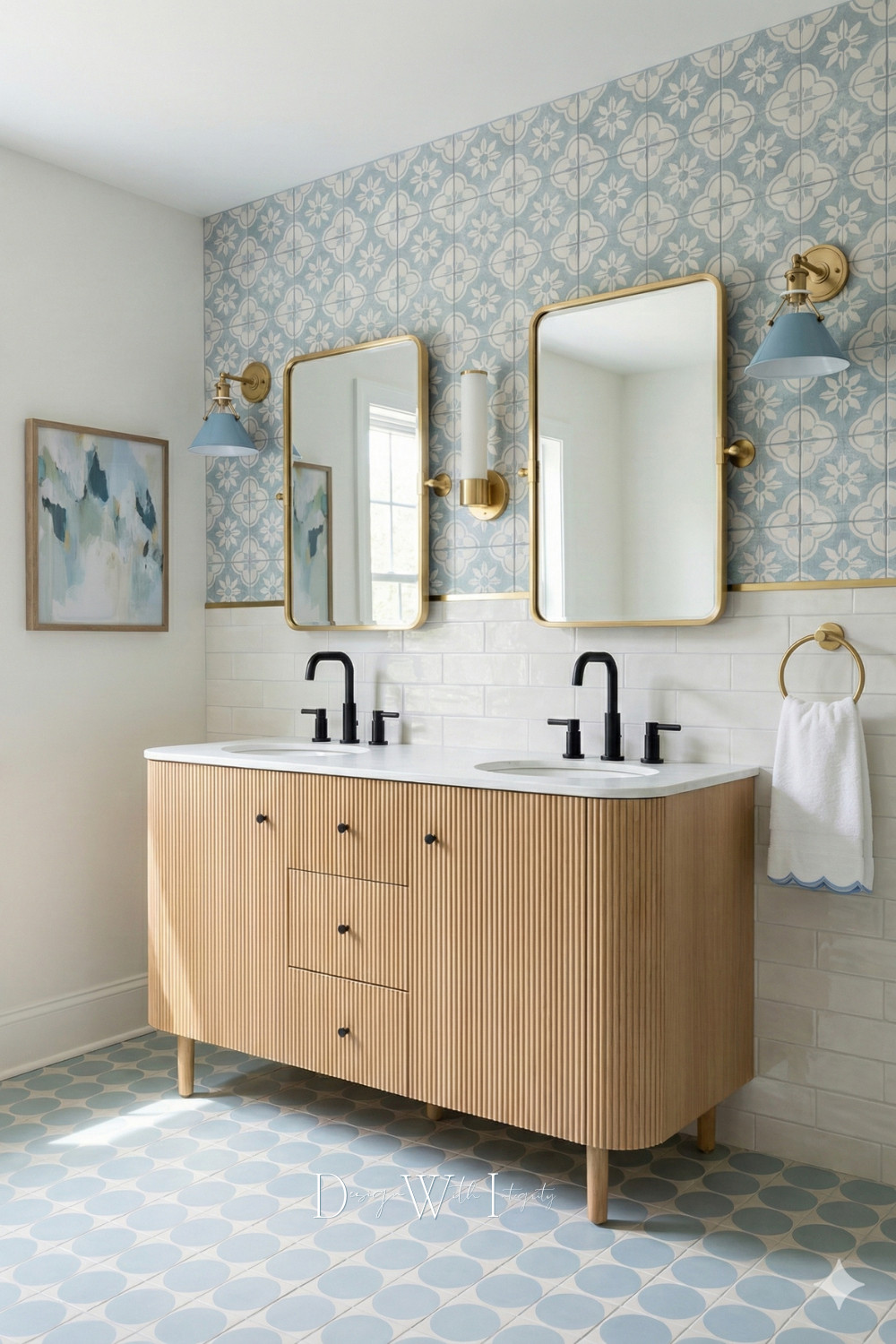 Warm wood tones, sculptural details, and soft pattern play define this thoughtfully layered double vanity design. The reeded wood cabinetry adds texture and warmth, grounding the space, while the patterned tile wall introduces visual interest without overwhelming the room. Paired mirrors, mixed metal accents, and streamlined plumbing fixtures strike a balance between modern craftsmanship and timeless design.

This space was inspired by a digital mood board and generated through AI as a source of visual inspiration, illustrating how material contrast and intentional styling can elevate a shared bathroom. Tap through to shop the look on LTK and explore the pieces that bring this design together.

Shop the look on LTK.

#bathroomdesign #interiordesign #shopthelook 

 #LTKHome