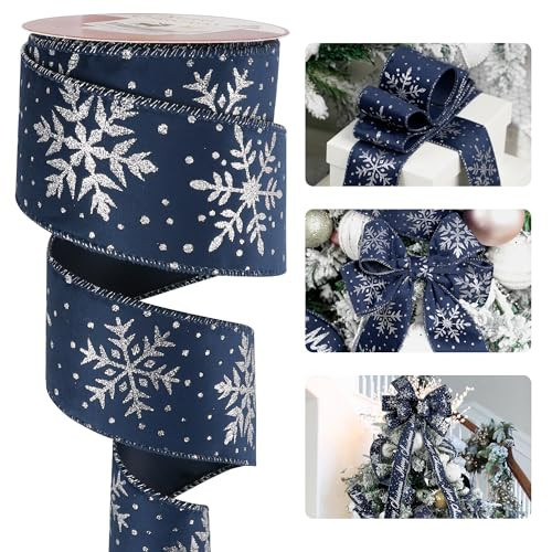 HUIHUANG Navy Blue Velvet Wired Ribbon with Silver Glitter Snowflake, Navy Wired Ribbon for Christmas Tree, Bows Making, Wreath, Gift Wrapping, Home Decor, Garland, Crafts-2.5 inch X 10 Yards | Amazon (US)
