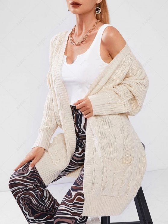 Cable Knit Patch Pocket Longline Cardigan   LIGHT COFFEE | ZAFUL (Global)