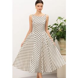 Polka Dot Print Sleeveless A-Line Midi Dress in Ivory for Birthday Lunches & Picnic Dates | Chicwish