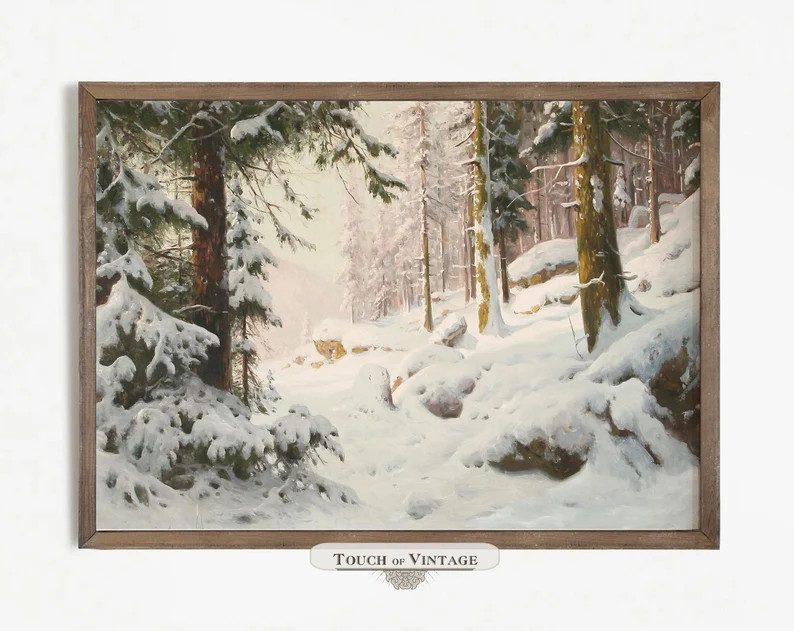 Printable Vintage painting of a snowy winter forest landscape, neutral winter wall art, woodlands wi | Etsy (US)