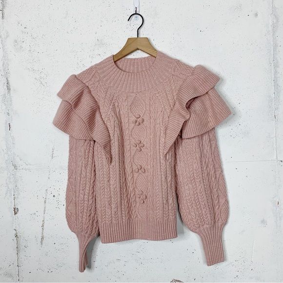 Vici Blush Pink Ruffle Shoulder Chunky Knit Sweater Size Medium | Poshmark
