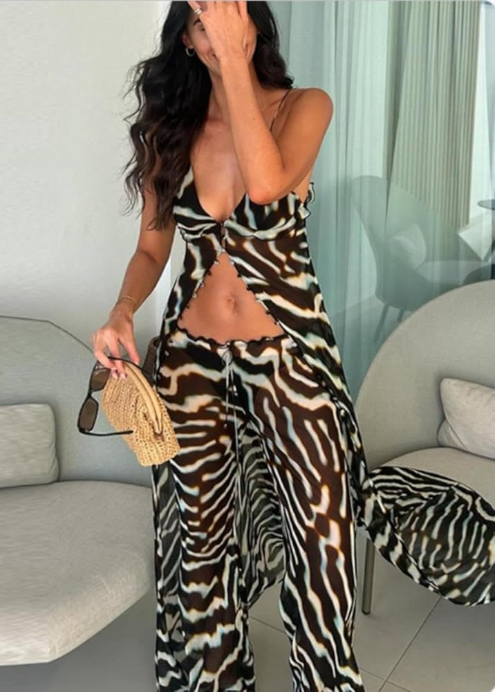 Amazon.com: VOIKERDR Beach Vacation 2 Piece Sets for Women Brown Black White Zebra Print Pants Sets | Amazon (US)