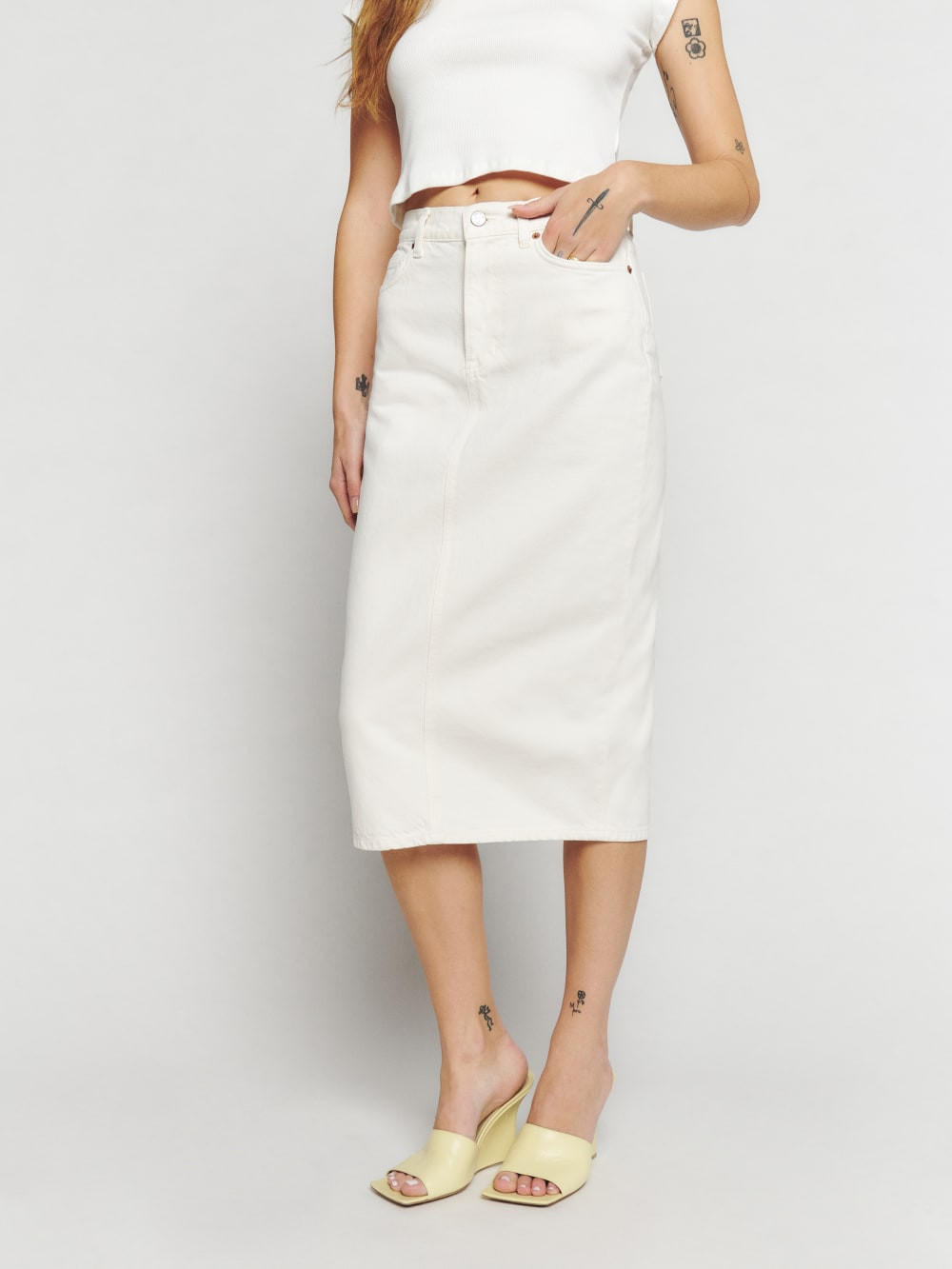 Jayde High Rise Denim Midi Skirt | Reformation (Global)