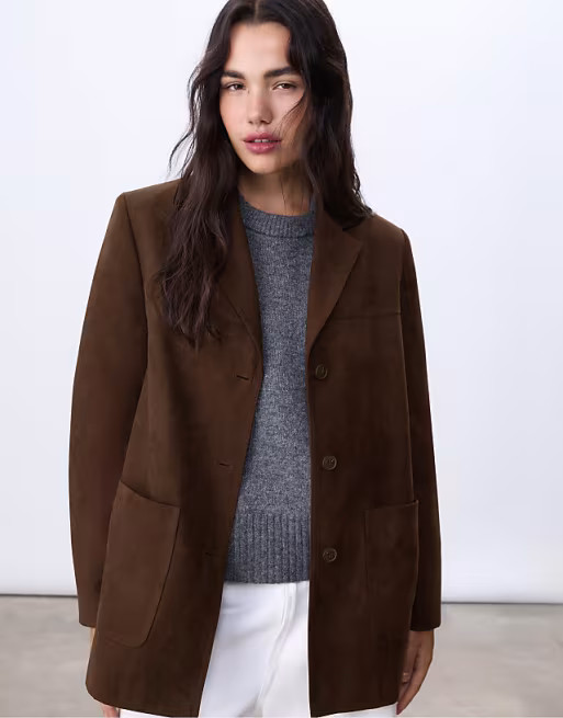 Stradivarius Regular fit faux suede blazer in brown | ASOS | ASOS (Global)