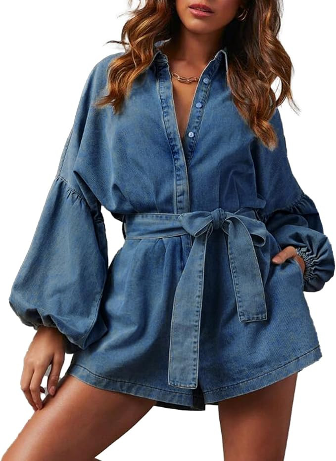 Lantern Long Sleeve Denim Romper for Women Elastic Waist Tie Front Jean Jumpsuit Short Playsuits | Amazon (US)