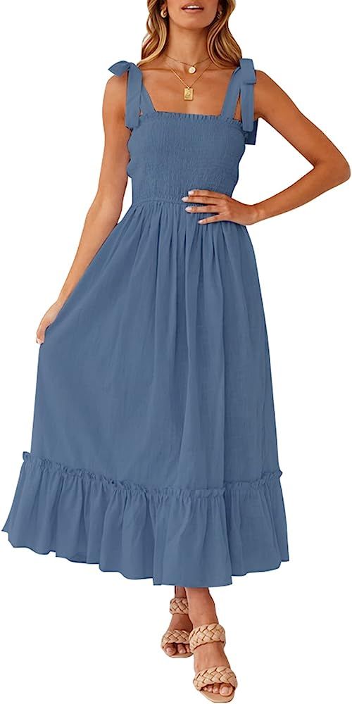 ZESICA Women's 2023 Summer Boho Spaghetti Strap Square Neck Solid Color Ruffle A Line Beach Long ... | Amazon (US)