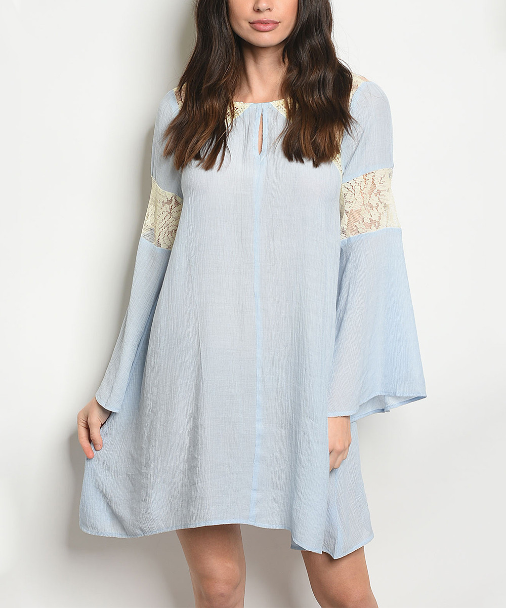 The Balec Group Women's Casual Dresses BABY - Baby Blue Lace-Accent Peasant Dress - Women | Zulily
