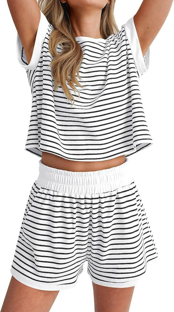 ANRABESS Womens Pajama Sets Striped 2 Piece Lounge Shorts PJ Set Short Sleeve T Shirts 2026 Casua... | Amazon (US)