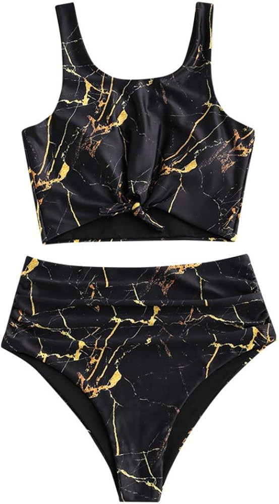 ZAFUL Women's High Waisted Bikini Scoop Neck Swimsuit Two Pieces Bathing Suit | Amazon (US)