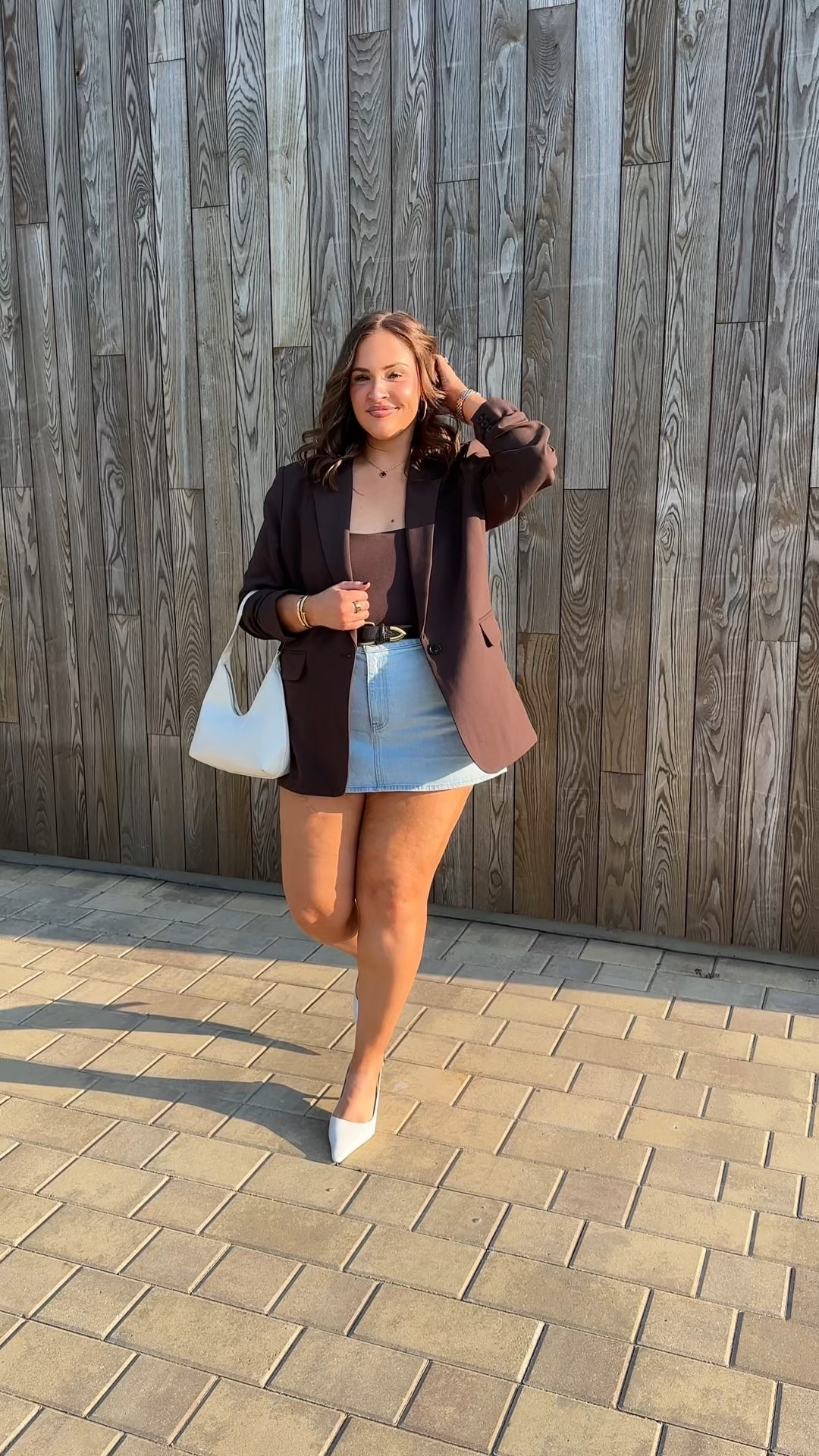 Cutie little shopping outfit! Wearing an XL in bodysuit and blazer. Wearing size 33 in the skirt. 

#LTKootd #LTKMidsize