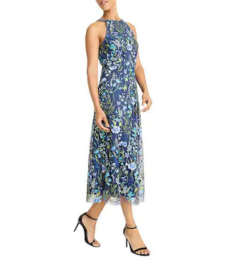 Maggy London Floral Embroidery Halter Neck Sleeveless Plunge Back Detail Midi Dress | Dillard's | Dillard's