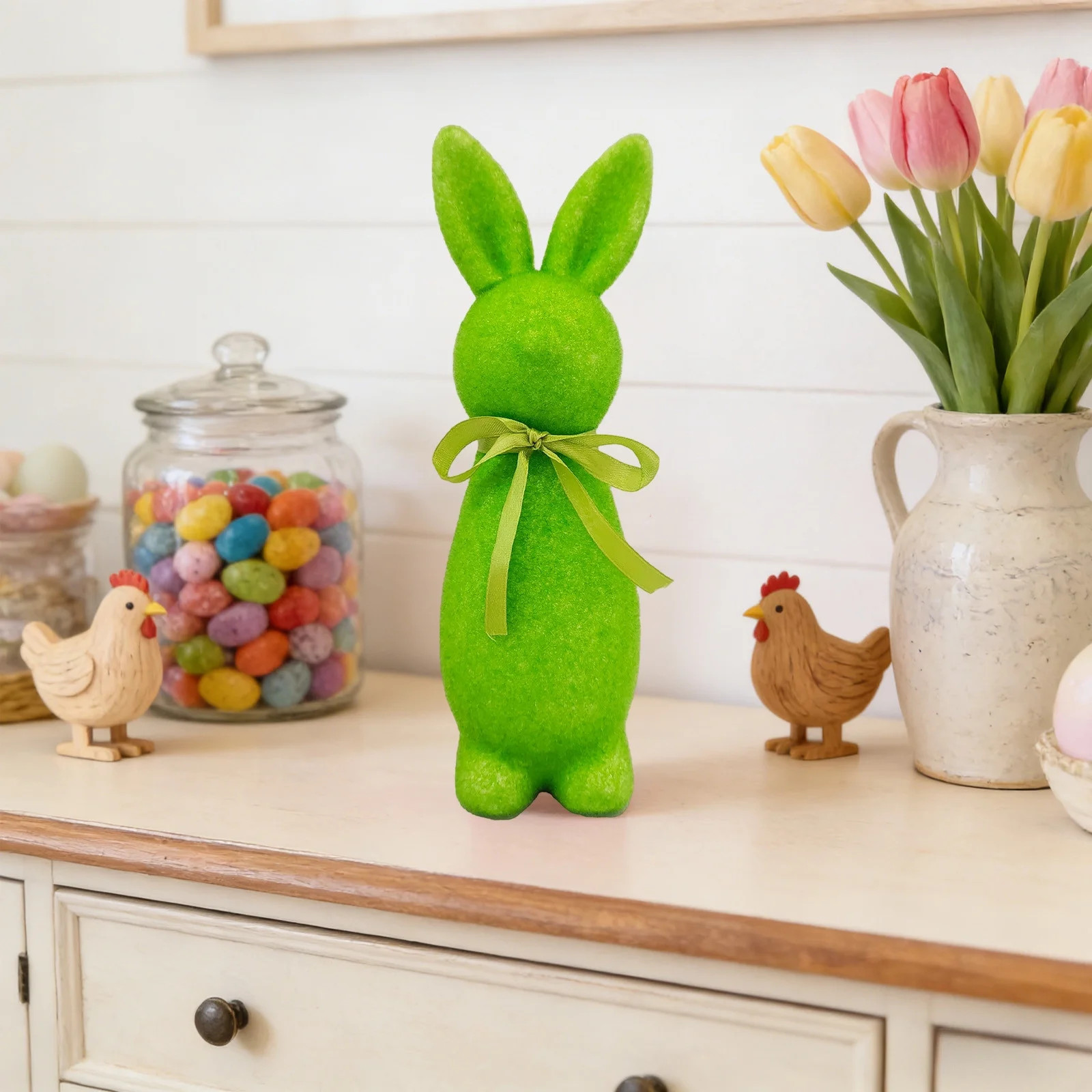 Green Easter Flocked Bunny Figurine - Soft Plush-Coated Standing Rabbit Statue - Cute Bowknot - D... | Walmart (US)