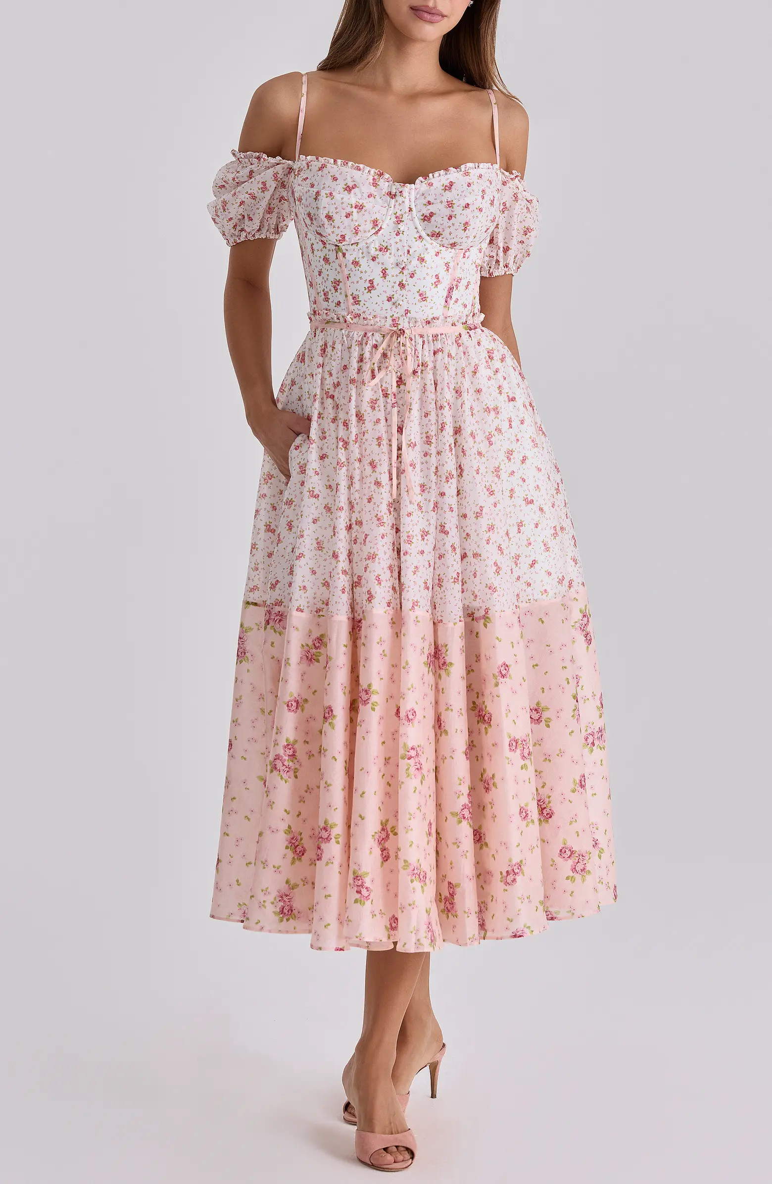 HOUSE OF CB Penelope Floral Puff Sleeve Corset Chiffon Midi Dress | Nordstrom | Nordstrom