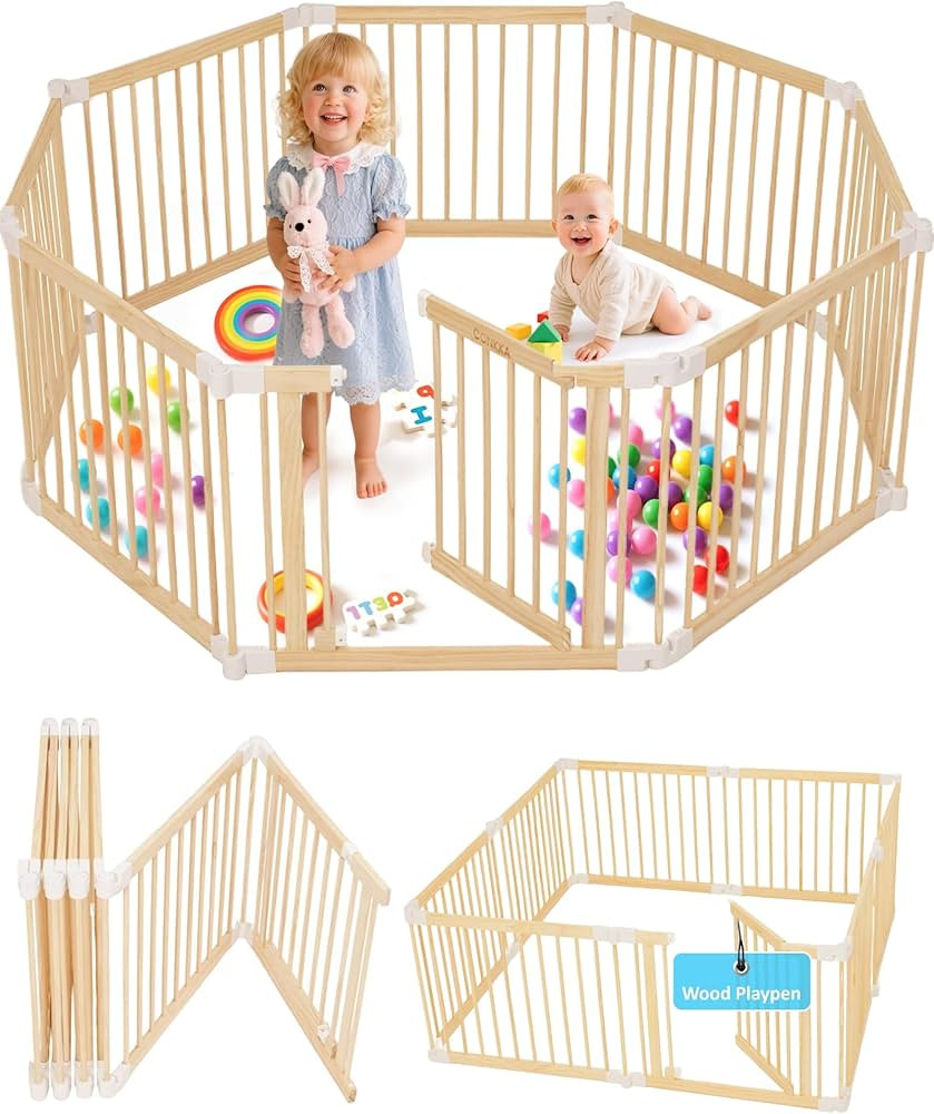 Foldable Wooden Baby Playpen Large Play Yard for Babies, 2 in1 New Mom Helper Portable Fence, Cus... | Amazon (US)