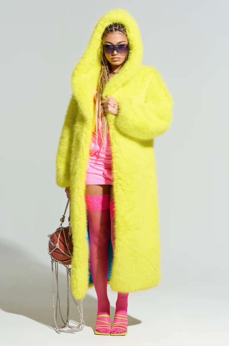 MANCHESTER HOODED FAUX FUR IN LIME | AKIRA