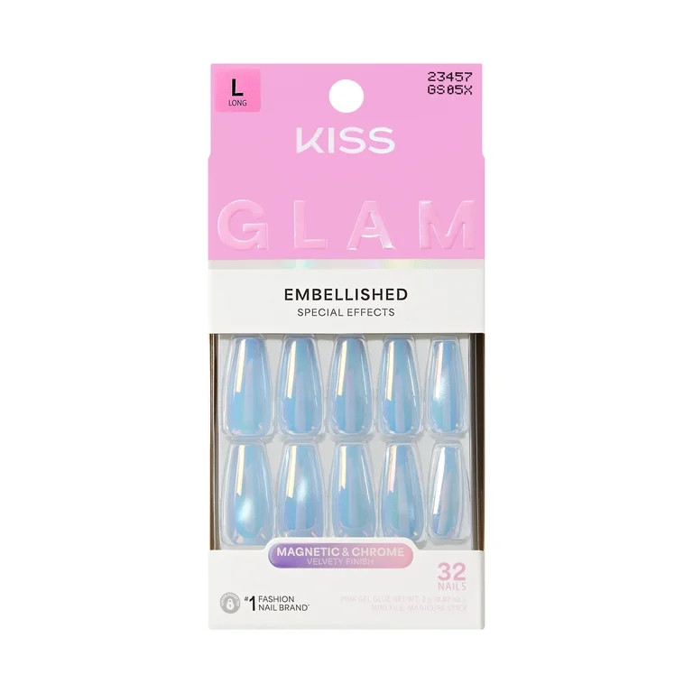 KISS GLAM Embellished Press On Nails, ‘Light Me Softly’, Blue, Long Coffin, 32 Count | Walmart (US)