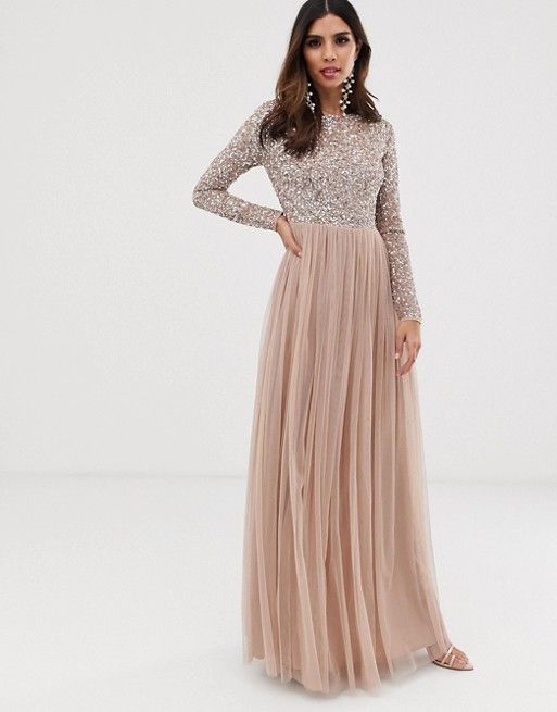 Maya Bridesmaid long sleeve maxi tulle dress with tonal delicate sequins in taupe blush | ASOS US