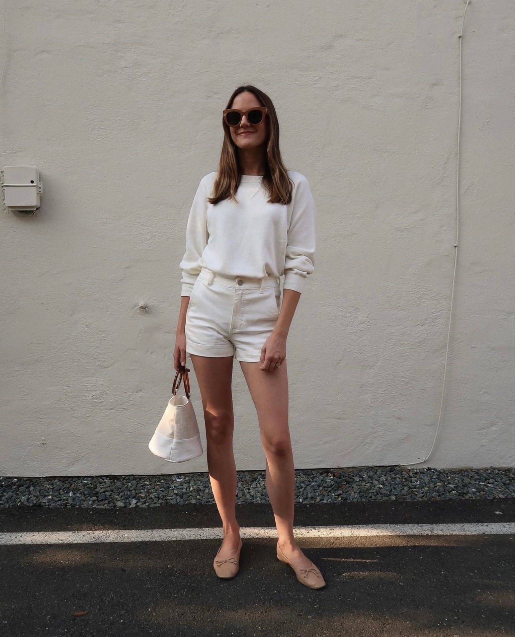 White cotton shorts + white sweatshirt and my comfiest ballet flats. A look I’ll always take through summer. 🤍 have had these shorts for years and now there’s a new longer length that looks 🤌🏼

#LTKFind #LTKunder50 #LTKSeasonal