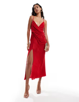 ASOS DESIGN plisse maxi cami dress with waterfall corsage front in red | ASOS (Global)