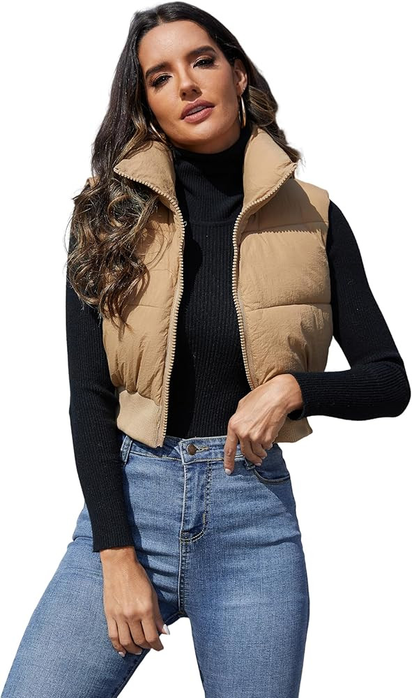 Dqbeng Puffer Vest Women Zip Up Stand Collar Sleeveless Outerwear Cropped Puffer Vest Padded Gile... | Amazon (US)