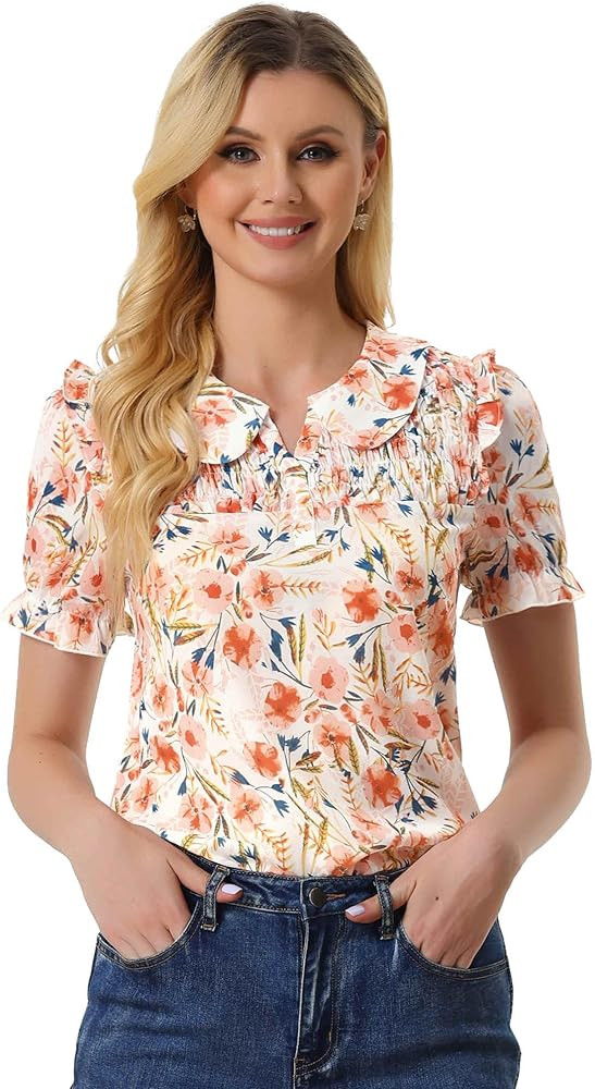 Allegra K Peter Pan Collar Tops for Women's Puff Short Sleeve Ruffle Vintage Smocked Floral Blous... | Amazon (US)
