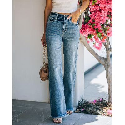 Women's High-Waisted Wide-Leg Jeans with Frayed Hem - Distressed Denim Trousers Blue M | Target