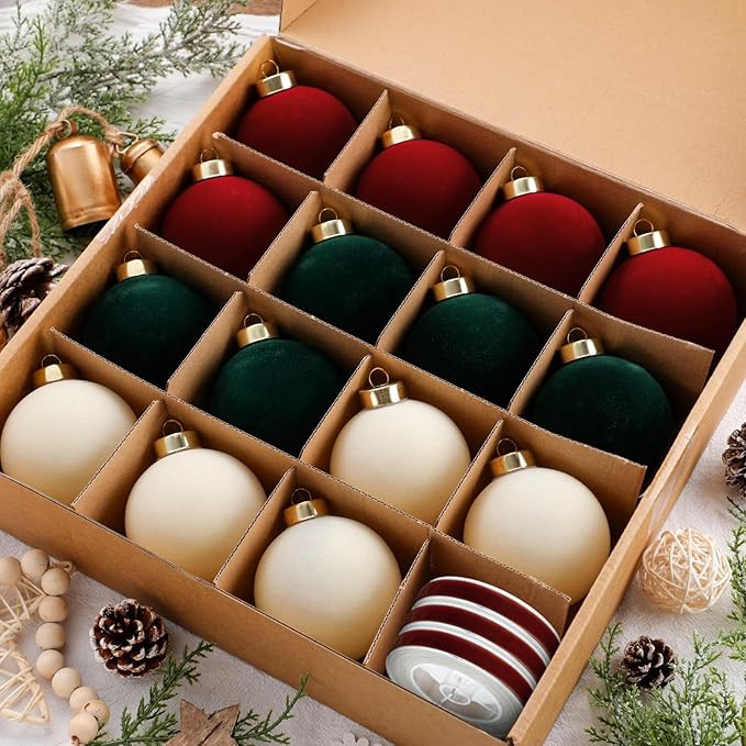 15 Pcs Velvet Christmas Ball Ornaments 3.15 Inch Flocked Christmas Tree Decorations with 10 Yards... | Amazon (US)