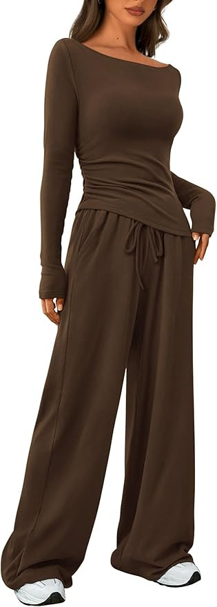 PRETTYGARDEN Women's 2 Piece Lounge Sets Asymmetrical Long Sleeve T Shirt Wide Leg Pants Casual O... | Amazon (US)